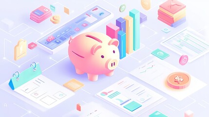 A colorful infographic featuring a piggy bank, a bar chart for expense tracking, and a calendar with planned savings goals. Floating icons for income, expenses, and investments surround the main eleme