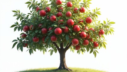 Abundant harvest of ripe red apples on orchard tree against white backdrop. Apple tree branches laden with fruit. Orchard, agriculture, nature, farming concept. Healthy eating, organic food