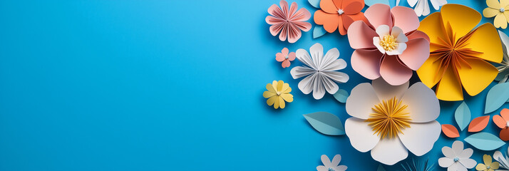 Fototapeta premium Bright and cheerful wildflower paper-cut pattern with layered colours on a solid blue background.