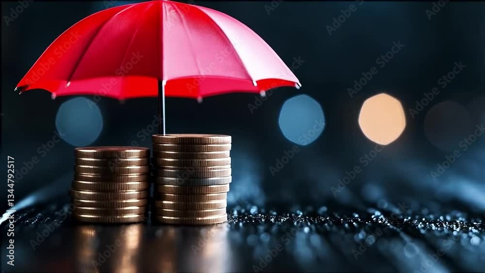 Aufkleber coins are stacked on a wet surface, covered by a vibrant red umbrella, symbolizing financial protect