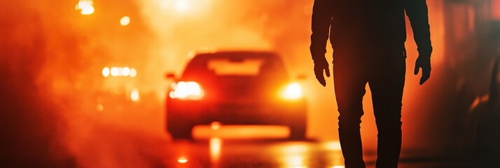 Dramatic encounter on a foggy night set against cinematic street lights