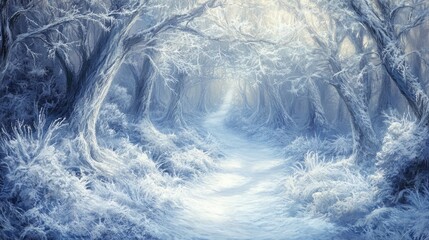 Naklejka premium Enchanted Winter Pathway Through Frost-Covered Trees in Mystical Snowy Forest Atmosphere