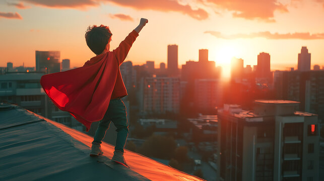 A boy on the roof of his house with a red superhero cape and his fist raised, dreaming of having superpowers - a concept of growth and dreams to be fulfilled