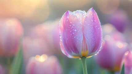 Fototapeta premium Closeup dewkissed tulip in serene garden morning light 8 words