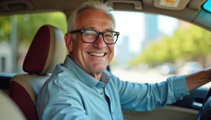Happy elderly man smiles behind wheel of car, enjoying trip. Senior citizen in glasses drives vehicle, embodying freedom, independence, active lifestyle. Road trip, travel, journey, mobility,