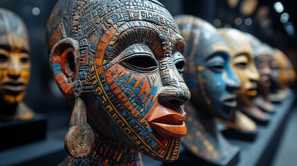 Wooden masks ritualistic objects tribal cultures reflecting anthropology's study of traditions and customs in ancient societies through decorative artifacts