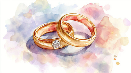 gold wedding rings in watercolor painting styler