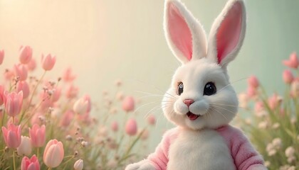 Cute White Bunny in Pink Sweater Among Tulips