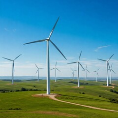 Fototapeta premium Wind turbines generating clean energy on green hills under blue sky