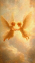 Аbstract digital art wallpaper with angelic silhouettes in the sky. Generative AI a grainy noise texture that creates an ethereal, diffused visual effect