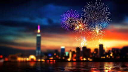 Fireworks over city skyline at night