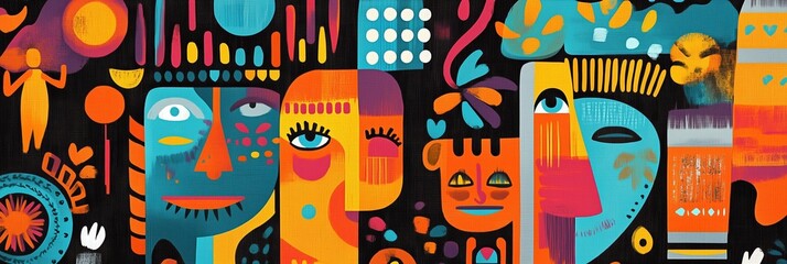 Cultural festival banner displaying diverse faces and vibrant artistic elements