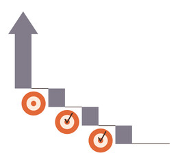 Arrow pointing upward linked to a staircase with steps featuring orange targets and checkmarks. Ideal for goal setting, growth, success, achievement, progress tracking, strategy, and planning. Flat