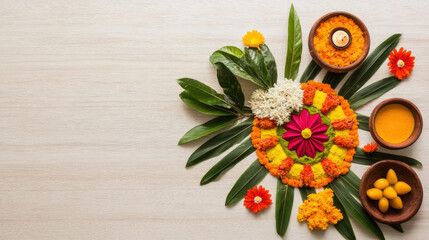 Top-view of Vibrant Ugadi Rangoli with Bright Hues and Mango Leaves, Traditional Indian Festival Decor