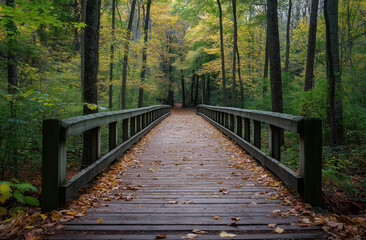 Autumn forest trail with wooden bridge covered in fallen leaves, surrounded by dense trees