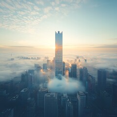 Plakat Sunrise Cityscape for Skyscraper in Fog.