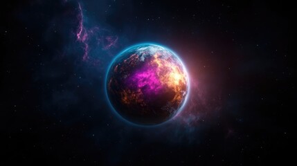 Obraz premium Vibrant Planet with Nebula: Cosmic Energy and Colorful Space Scenery
