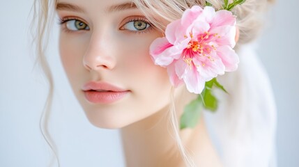 Naklejka premium Radiant young woman with delicate pink flower