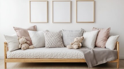 A cozy living room scene featuring a wooden sofa adorned with plush pillows and teddy bears, complemented by three empty picture frames on the wall.