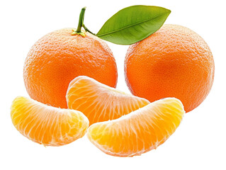 Oranges Isolated on Transparent Background. Tasty and Ripe orange Fruit with Green Leaves. Whole and Cut in Half Juicy Slices Fruits. Suitable for Product Design and Food Packaging. Color photo.