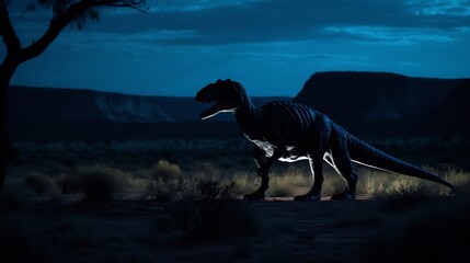 Fototapeta premium Trex moving gracefully night silhouette softly illuminated moonlight casting elongated shadow across quiet terrain subtle glow accentuates strong frame while cool blue hue of nocturnal Outback create