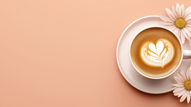 A beautifully presented latte with heart-shaped foam art sits in a white cup, accompanied by delicate daisies, Ideal for cafe promotions, lifestyle blogs, or social media posts about coffee culture,