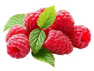Raspberry Isolated on Transparent Background. Tasty and Ripe Red Berries with Green Leaves. Whole Juicy Fruits. Suitable for Product Design and Food Packaging. Color photo.