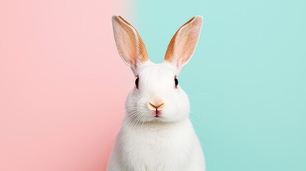 Fototapeta premium A cute white rabbit poses in front of a pastel background, showcasing its large ears and gentle expression.
