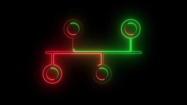 Neon glowing Block diagram concept, analysis scheme, logical, algorithm, flow chart drawing animation on black background.