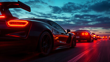 Obraz premium Street racing. The light of the red headlights. Cars on the road