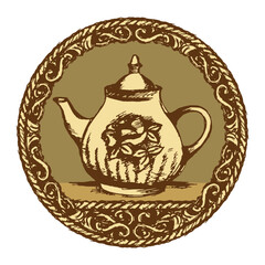 Large ceramic teapot in a round vintage frame. Sketch, doodle. Vector illustration