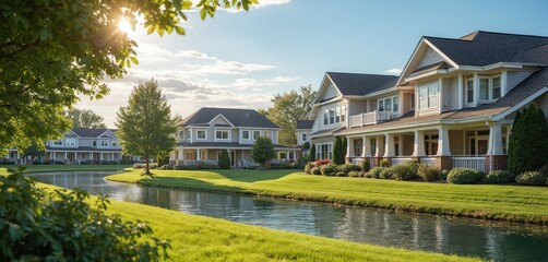Scenic view of houses in assisted living gated community on sunny afternoon. Beautiful residence homes with pond, green grass and trees. Senior housing development, retirement village.