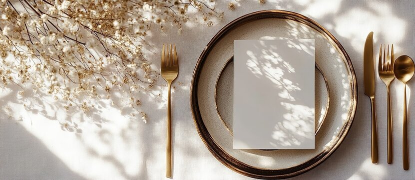 Minimalist Wedding Tabletop with Dried Flowers, Cutlery, and Blank Invitation