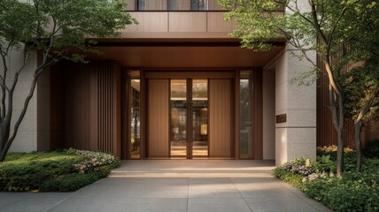Modern Home Entrance with Wooden Doors and Stone Walls