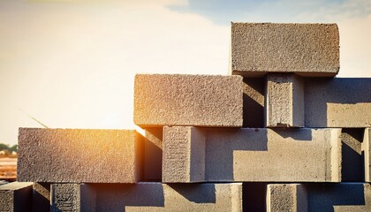 Close-up of concrete blocks stacked neatly on a construction site, showing texture, geometry, and precision &mdash; perfect for industrial, architectural, and engineering themes.

