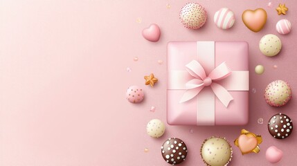A beautifully wrapped pink gift box surrounded by an assortment of colorful cookies and chocolates, perfect for use in marketing, invitations, or social media related to celebrations and sweets,