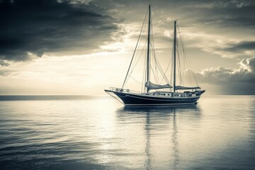 Naklejka premium A majestic sailboat serenely glides across a tranquil sea under a dramatic sunset sky, reflecting the golden hour's peaceful light.