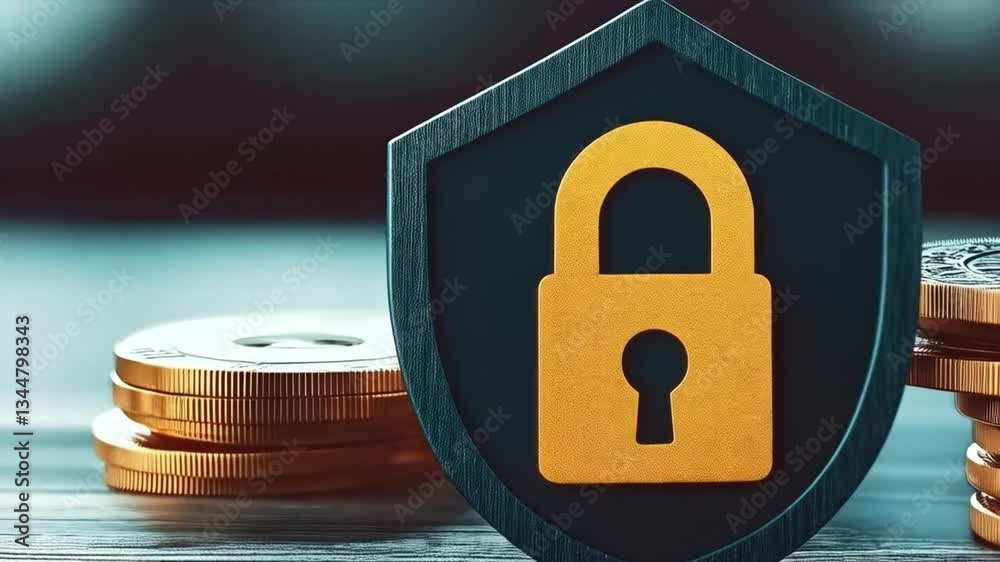 Poster a shield with a lock symbol represents security and privacy in banking. coins are positioned nearby,