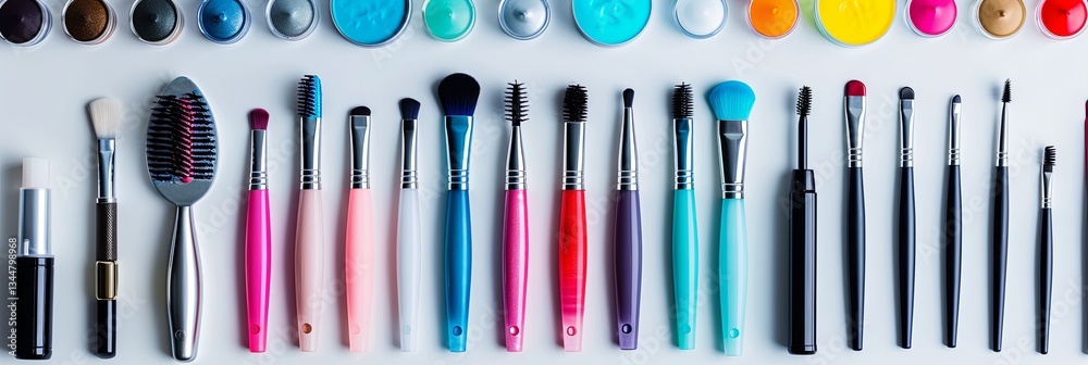 Poster colorful manicure tools and vibrant nail polishes neatly arranged on a light background for a fun gr