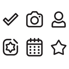 Minimalist Line Icon Set with Checkmark, Camera, User, Star, and Calendar Symbols
