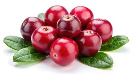 Cranberries with Leaves on White Background