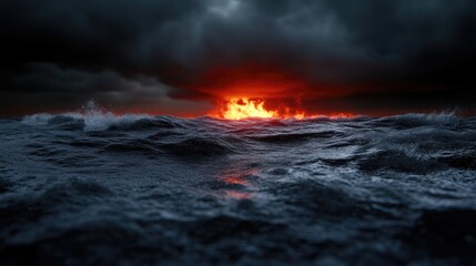 Fototapeta premium Fiery sunset over turbulent sea