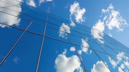 Reflective Glass Building Facade with Blue Sky and Clouds