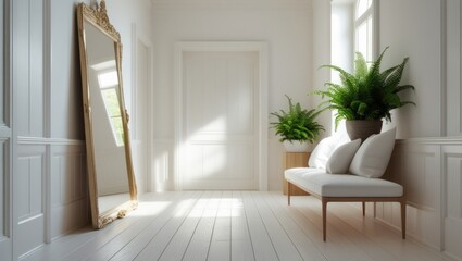 Fototapeta premium Sunlit, white hallway with ornate mirror and seating