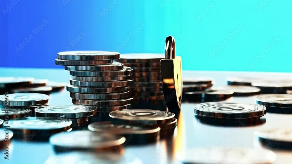 Poster A shield-shaped lock sits prominently amidst a stack of coins, symbolizing security and privacy in banking. This visual encapsulates the importance of safeguarding financial information.