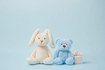 Soft plush toys blue bear and white bunny with gift box, blue studio wall, copy space