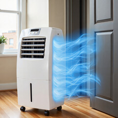 Portable air conditioner releasing cool air in cozy room, comfort concept