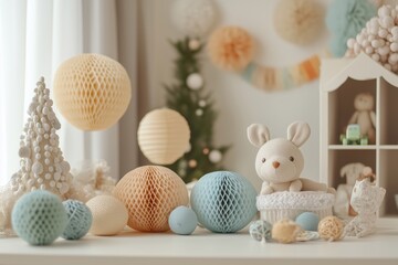 Pastel-colored birthday party backdrop with whimsical details, balls andd eco soft toy