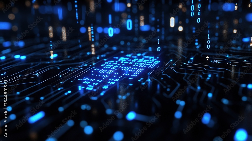 Poster abstract digital blue circuit with binary code and network design