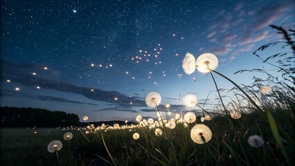 Elegant glowing dandelion gently floating